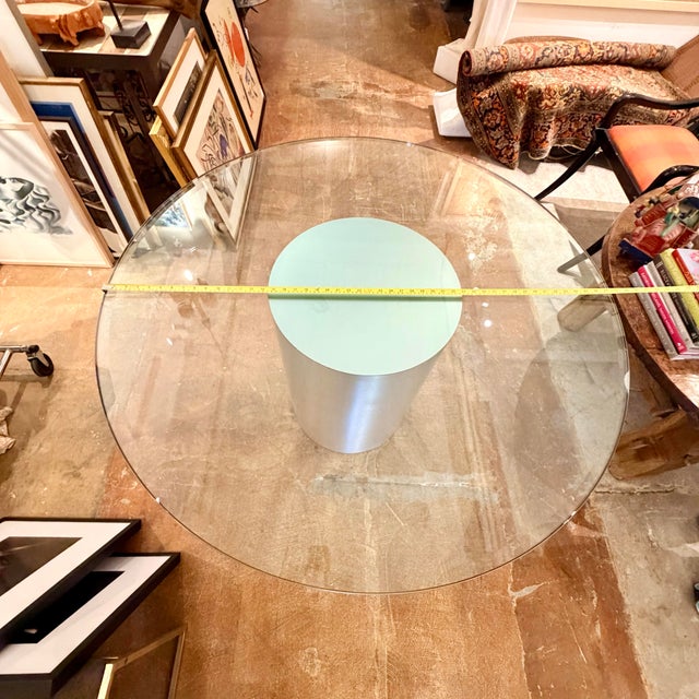 Silver Vintage Modernist Round Glass Dining Table With Brushed Aluminum-Look Pedestal Base For Sale - Image 8 of 12