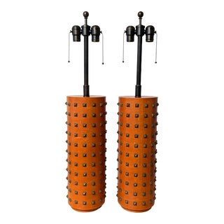 Large Studded Burnt Orange Cylinder Table Lamps - a Pair For Sale