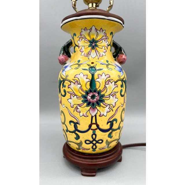 Late 20th Century Vintage Chinese Floral Hand-Painted Porcelain Lamp With Applied Fruit Handles - Chinoiserie, Traditional, Asian For Sale - Image 5 of 14