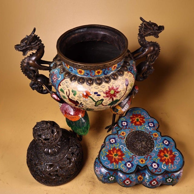 Late 20th Century Pair of Gilt Bronze Cloisonné Enamel Crane Incense Burners For Sale - Image 4 of 10