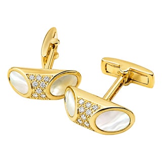 Late 20th Century Pair of 14K Gold Mother of Pearl Diamond Mens Designer Cufflinks For Sale