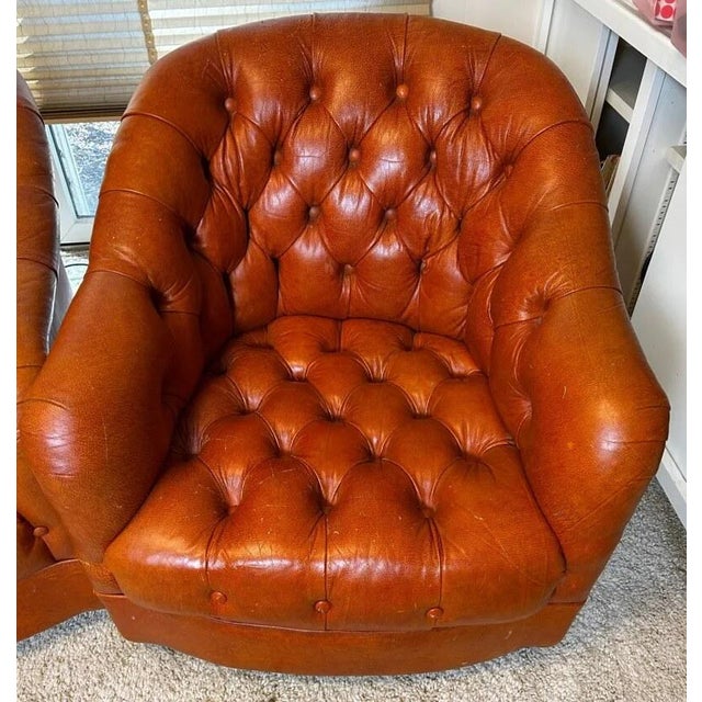 Traditional Vintage 1980s Pair of Cognac Tufted Barrel Club Chairs by Classic Leather Inc., Hickory Nc – Top Grain Leather on Brass Shepherd Casters For Sale - Image 3 of 17