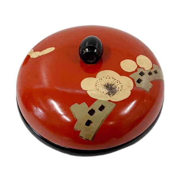 Mid-20th Century Vintage Japanese Red & Black Lacquerware Lidded Kashiki Confectionery Bowl - Shochikubai Motif Period:...