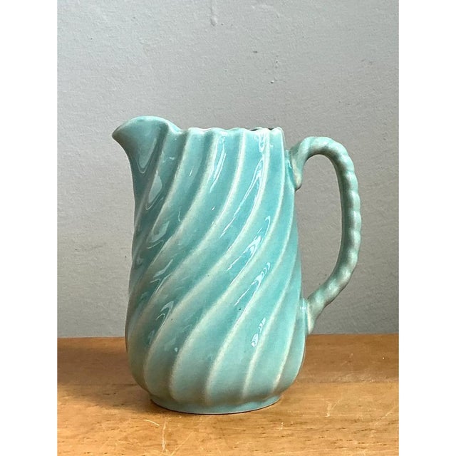 Vintage Aqua Swirl Ceramic Pitcher For Sale - Image 4 of 12