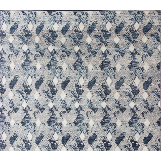 Gray Oversized Modern Diamond Designed Indian Area Rug in Blue, Gray, and White 12'1 X 14'11 For Sale - Image 8 of 14