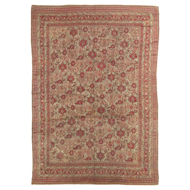 Antique Oushak Carpet, Handmade Oriental Rug, Pale Light Blue, Coral, Raspberry For Sale - Image 15 of 15