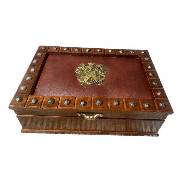 1990s Vintage Wooden Jewelry Box Medieval Crest Brass Emblem Studded Leather Top For Sale