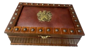 1990s Vintage Wooden Jewelry Box Medieval Crest Brass Emblem Studded Leather Top