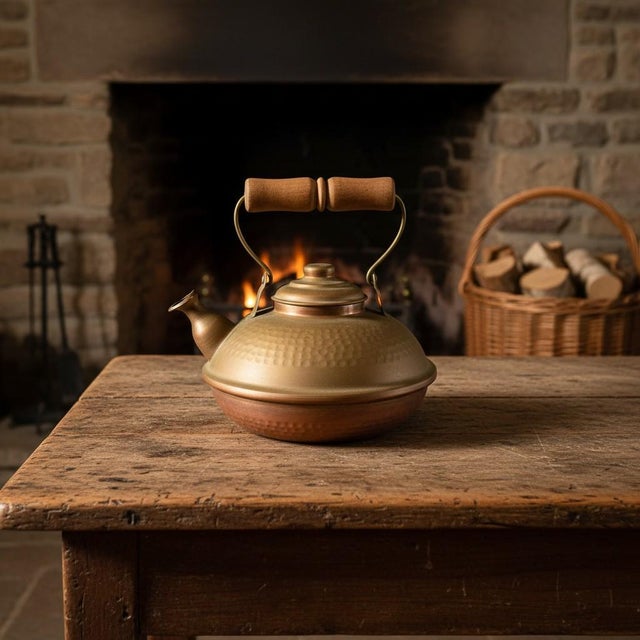 Vintage Hammered Copper Brass Kettle Teapot-Chile-Wood Handle-Rustic-Farmhouse For Sale - Image 10 of 11