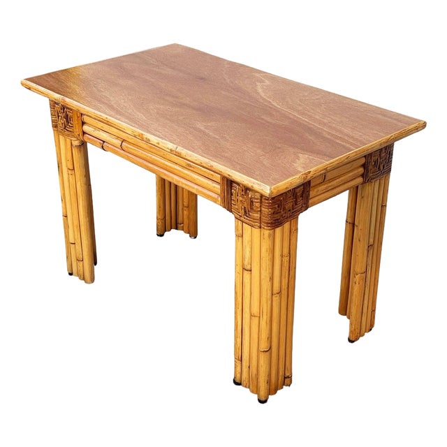 1950s Mid-Century Vertically Stacked Rattan Mahogany Top Console Table For Sale