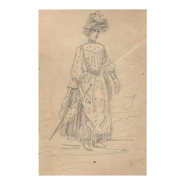George Auriol - Young Woman With Umbrella - Pencil Drawing - 1890s For Sale