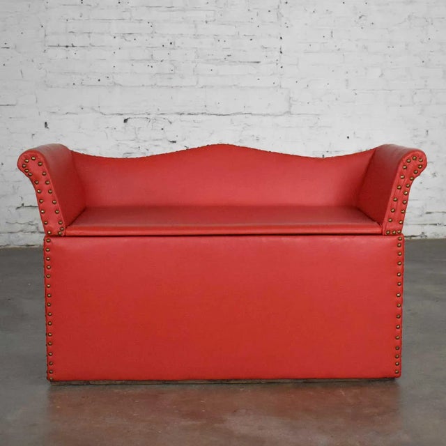 Farmhouse Vintage Coral Vinyl Faux Leather Cedar Lined Storage Bench Settee With Nail Head Detail For Sale - Image 3 of 13