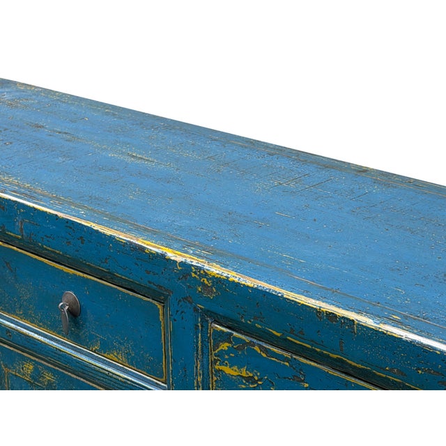 Distressed Bright Blue Oriental Sideboard Credenza Console Table Cabinet For Sale - Image 17 of 18