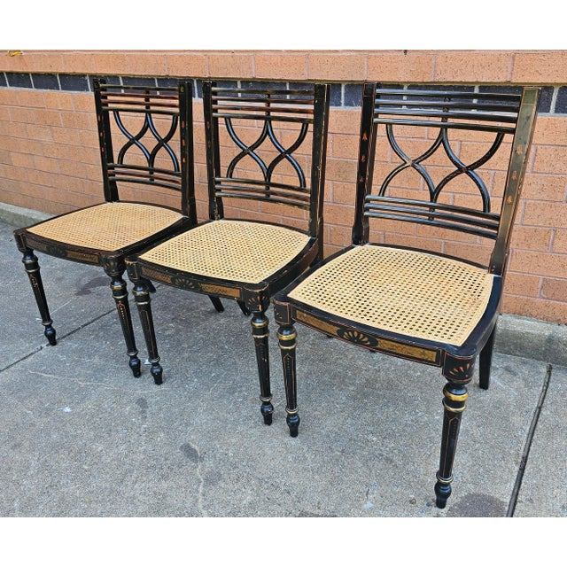 Wood Set Four Baker Historic Charleston Decorated Ebonized Wood and Cane Side Chairs For Sale - Image 7 of 12