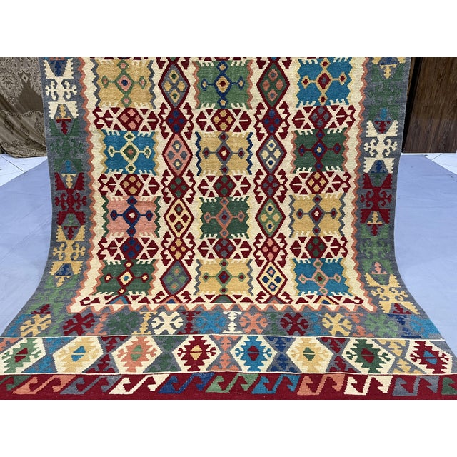 5'1" X 6'5" Multicolor Afghan Chobi Geometric Wool Flatweave Kilim Rug For Sale - Image 14 of 16