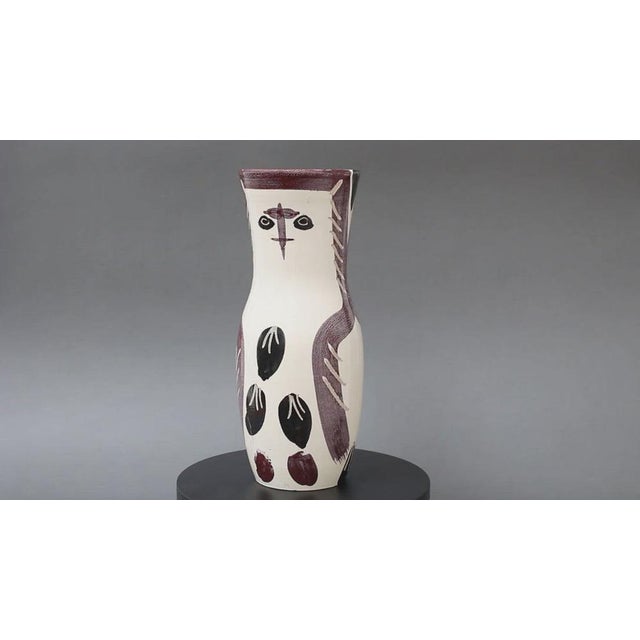 Mid-Century earthenware vase with painted owl decoration, by Pablo Picasso, Vallauris, France (1952). This is a vintage,...
