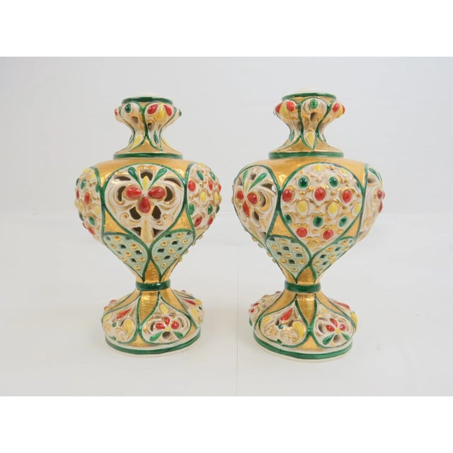 Antique Italian Polychrome and Gilt Embossed Reticulated Majolica Jewel Urns - a Pair For Sale - Image 13 of 13