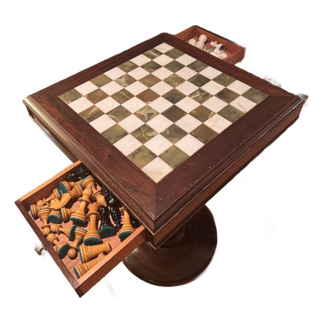 Vintage Argentine Marble & Wood Chess Game Table With Storage Drawers and Original Marble Pieces For Sale