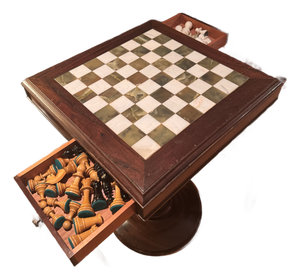 Vintage Argentine Marble & Wood Chess Game Table With Storage Drawers and Original Marble Pieces