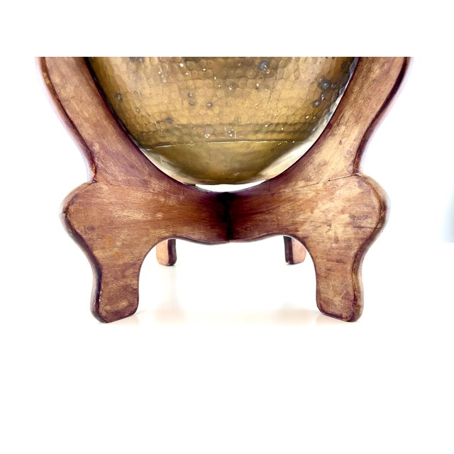 Vintage Hammered Brass Jardiniere With Carved Wooden Stand For Sale - Image 4 of 9