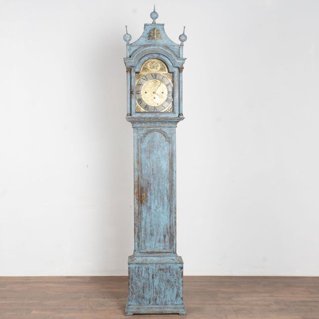 Early 19th Century Swedish Blue Painted Pine Grandfather Clock For Sale - Image 4 of 14