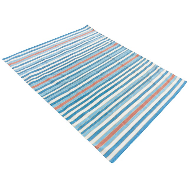 Handwoven Cotton Area Rug, Natural Vegetable Dyed, Blue, Red and Yellow Striped Dhurrie - 12'x15' For Sale - Image 9 of 12