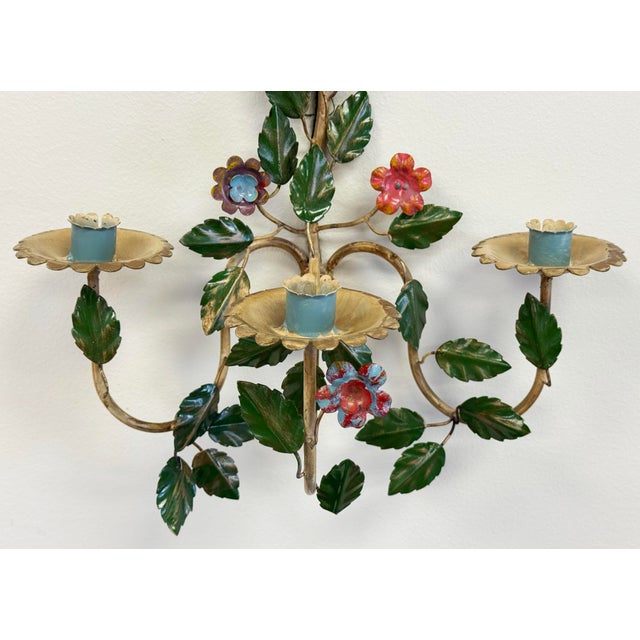 Mid 20th Century Vintage Mid-Century Italian Tole Floral Candle Sconce For Sale - Image 5 of 6