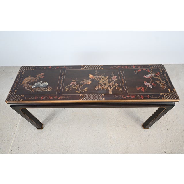Hollywood Regency Henredon Hollywood Regency Chinoiserie Console Table With Hand-Painted Bird Motif For Sale - Image 3 of 9