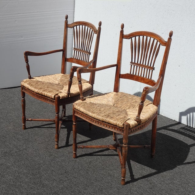 French Country Pair of Vintage Rustic French Country Rush Seat Wheat Sheaf Arm Chairs ~ Lite 2 For Sale - Image 3 of 17