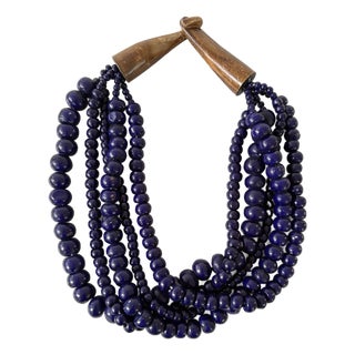 Finch, Cobalt, Blue Glass, Multi Strand, Beaded Necklace, Wood Carved Clasp For Sale