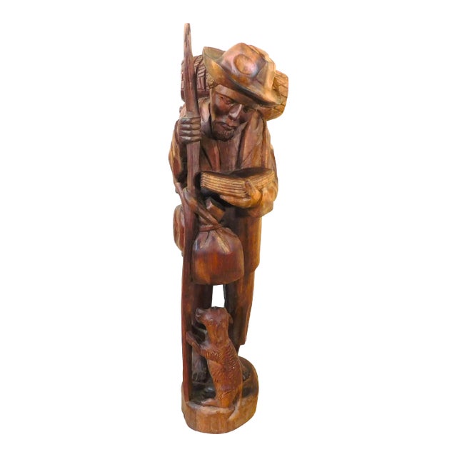 Vintage Hand Carved Wooden Sculpture Old Man Traveler With Dog 
