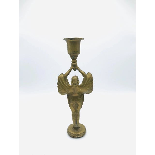 Art Deco Vintage Brass Winged Victory Figure Candle Holder For Sale - Image 3 of 9