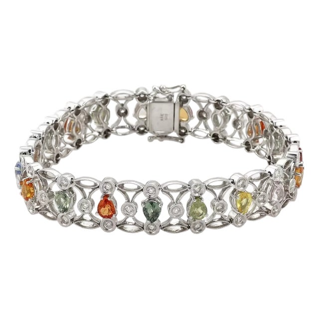 8.47ct Diamond Multicolor Sapphire 12mm Wide 14k White Gold Bracelet For Sale