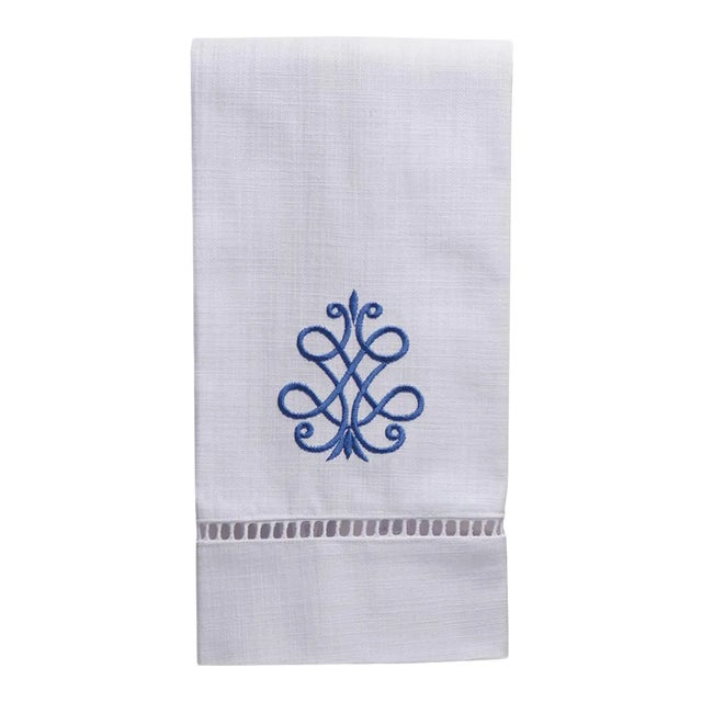 French Scroll Guest Towel, Cobalt Blue- White Linen, Ladder Lace, Embroidered For Sale