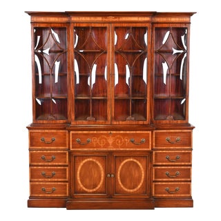 Baker Furniture Style Georgian Inlaid Mahogany Bubble Glass Breakfront Bookcase With Drop Front Secretary Desk For Sale