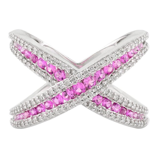 Pink Sapphire & Diamond Criss Cross Cocktail Ring- Round Cut Gemstone Midi Finger Ring Size 6.5 For Sale