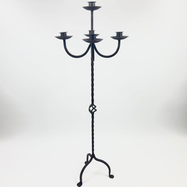 Hand Forged Iron Floor Candelabra 47.5″ (121cm) Antique Copper Patina 3-Arm Wide Base Stable Candle Holder Rustic Decor For Sale - Image 6 of 7