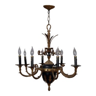 Vintage 1950s French Empire Gilt and Ebonized Metal 8-Light Chandelier For Sale