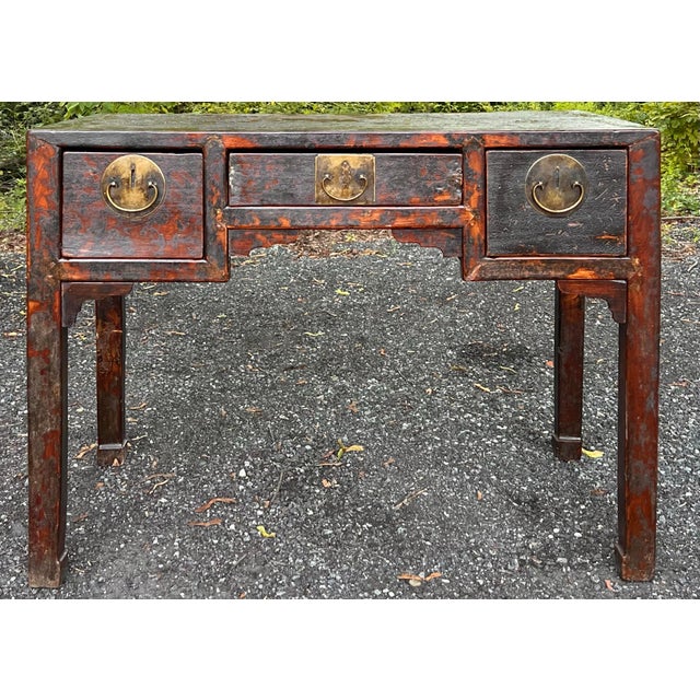 Antique Ming dynasty altar or wine table crafted in elm. Featuring three drawers with original brass hardware and finish....