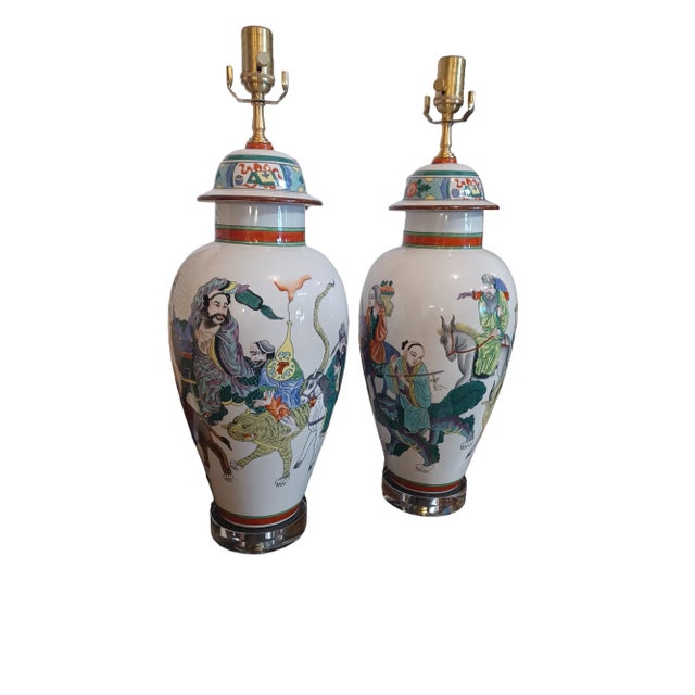 Asian Vintgae Pair of French Vases With Handpainted Asian Scene For Sale - Image 3 of 4