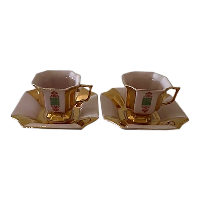 Mid-Century Goldleaf Demitasse Cup & Saucer Set- 4 Pieces For Sale