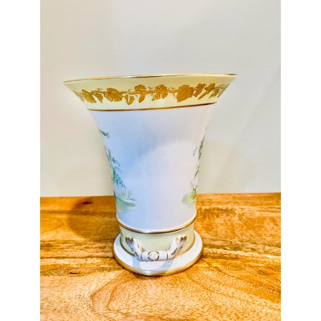 Traditional Mottahedeh yellow floral and grape wine decorated porcelain vase with double handles Stamped on the bottom...