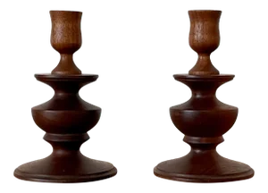 1978 Modernist Signed Turned Wood Candle Holders - a Pair