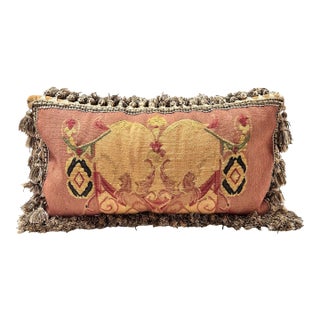 Aubusson Style Tapestry Lumbar Pillow – Heraldic Griffin Motif With Tassel Fringe, French Traditional Accent Cushion For Sale
