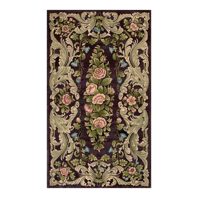 Amazing Purple Ground Color With Nice Foliate Design Antique American Hooked Rug For Sale