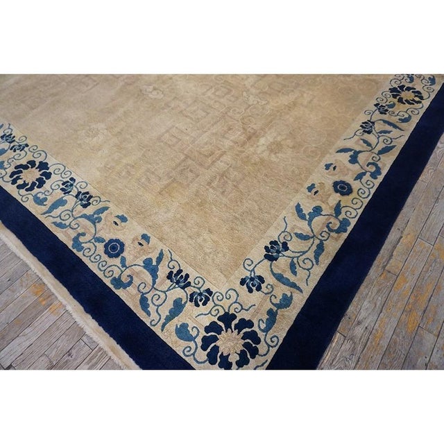 1930s Beige Open Field Light Blue Floral Shou Symbols Antique Chinese Peking Rug For Sale - Image 9 of 10