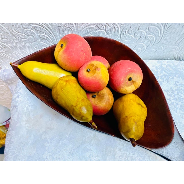 Mid-Century Modern Mid Century Carved Wood Deep Leaf Shaped Bowl With Wood Fruit- 9 Pieces For Sale - Image 3 of 11