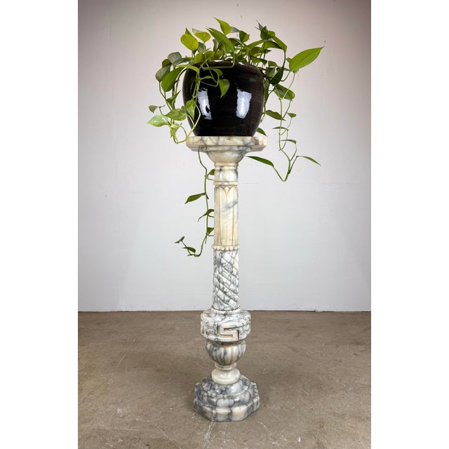 Vintage Italian Neoclassical White / Gray Marble Pedestal / Column For Sale - Image 4 of 11