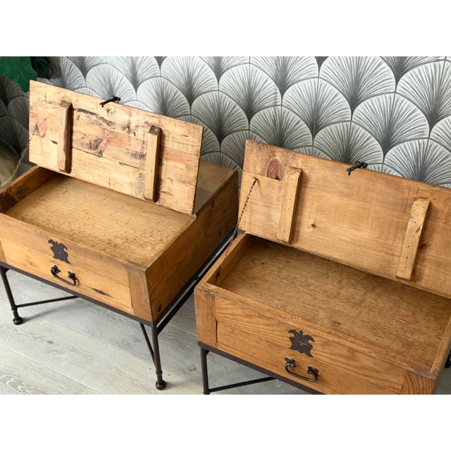 Wood Vintage Rustic Mexican Pine Wood and Wrought Iron and Brass Storage Trunk Chest Side Tables - A Pair For Sale - Image 7 of 15