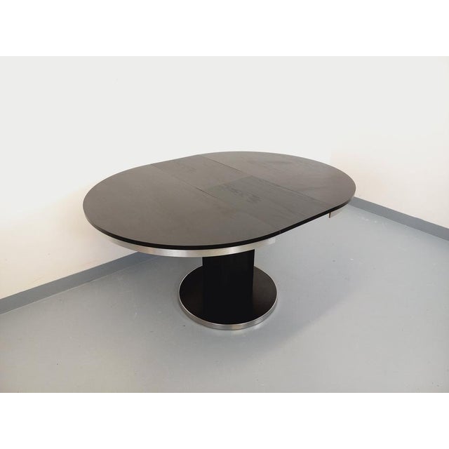 Vintage Round Dining Table in Black Wood-Effect Melamine and Chrome Metal, Space Age/1970s Style, with Integrated Extension For Sale - Image 11 of 18